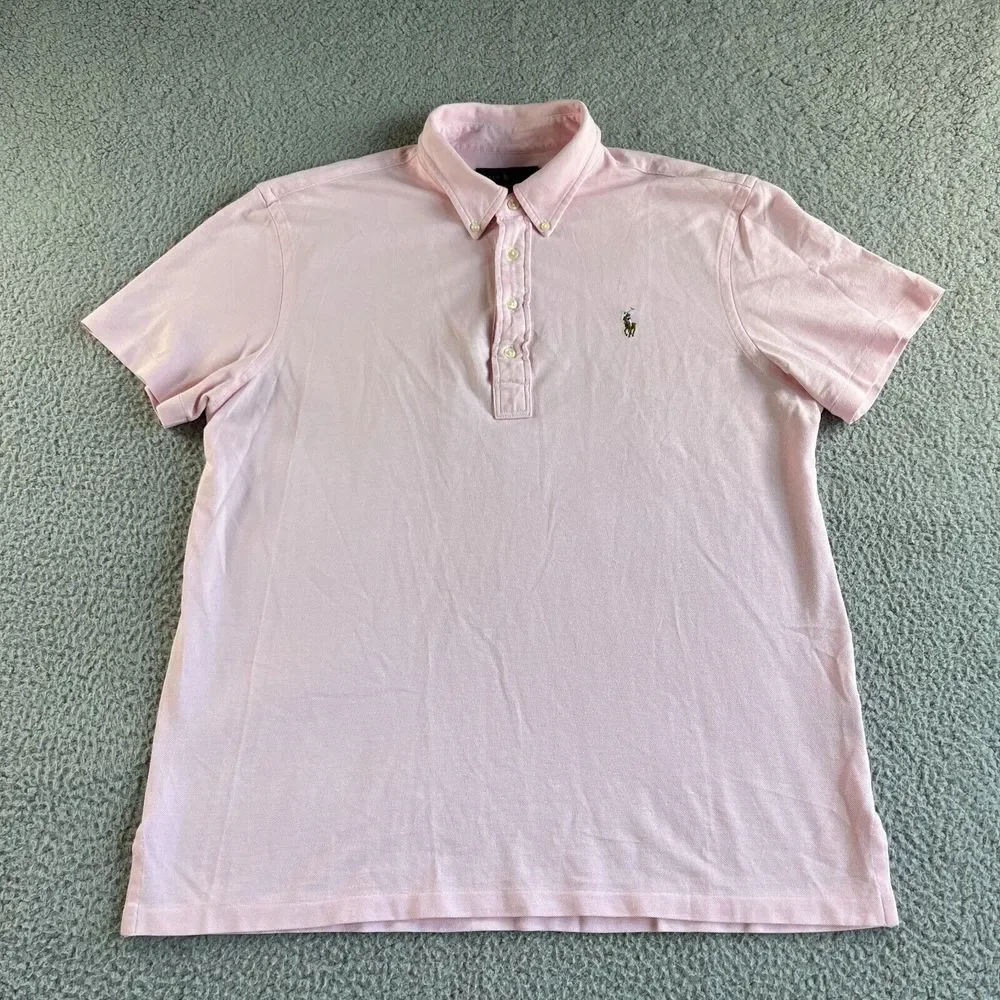 Ralph Lauren Polo Shirt Mens Large‎ Pink Knit Oxford Casual Preppy Button Down